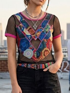 Lulumari Black Mesh Sheer Top Pink Trim Mandala Geometric Chevron Festival Small